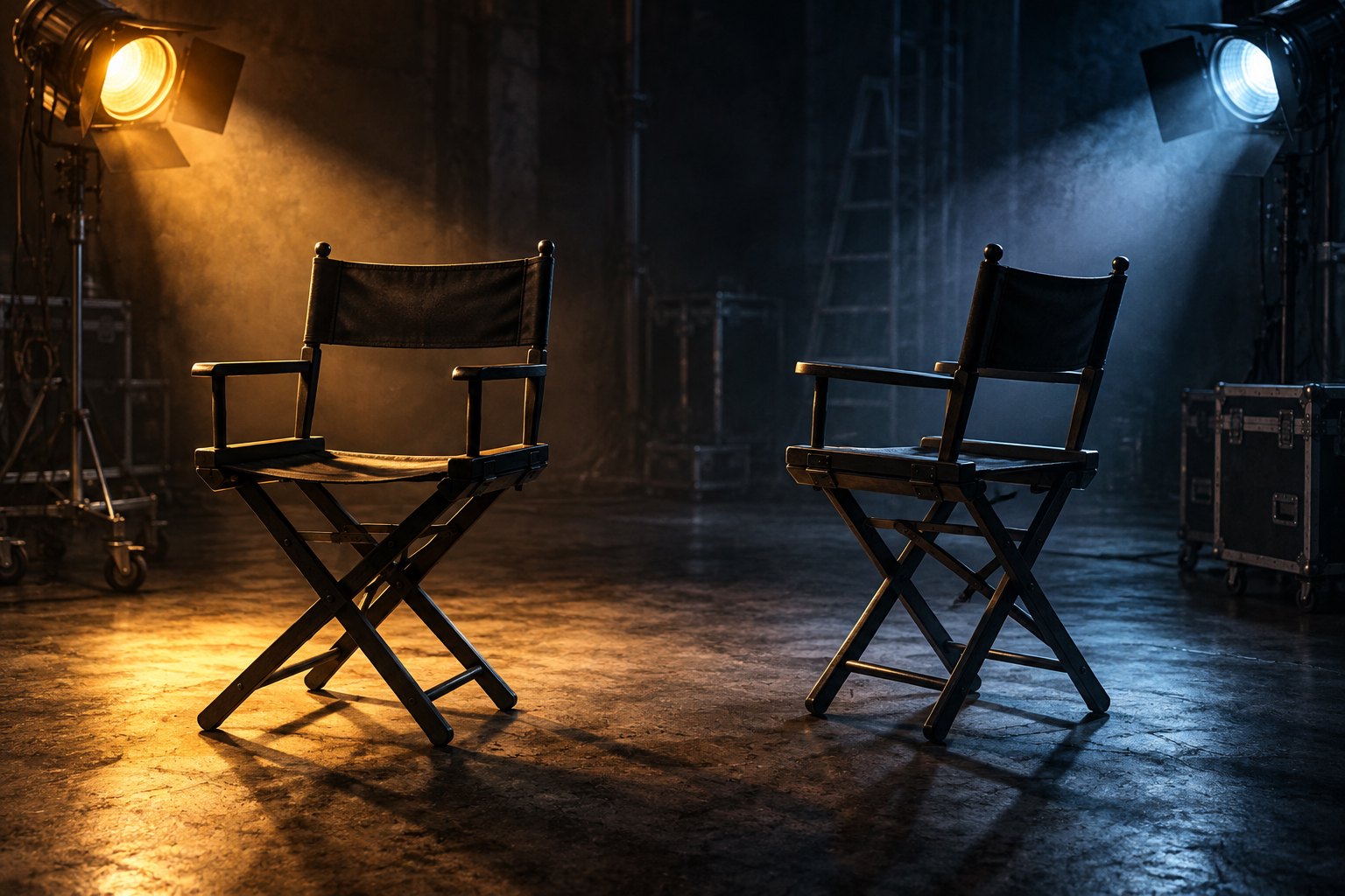 Conceptual illustration of two empty black actor chairs under amber and blue spotlights on a dark soundstage.