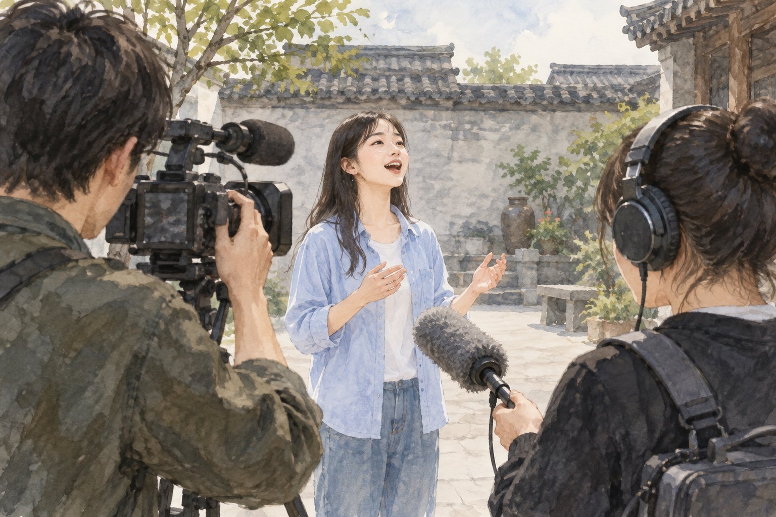 摄影与收音人员记录青年歌唱的主题插画,表现镜头与倾听的关系,非活动现场实录