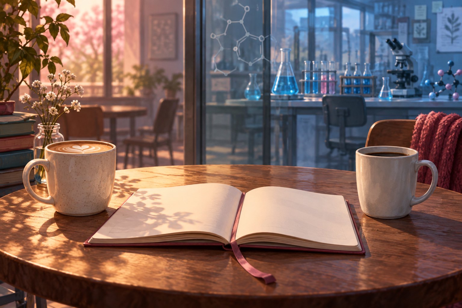 Illustration of two coffee cups beside an open notebook, with a softly lit university laboratory beyond a glass partition.