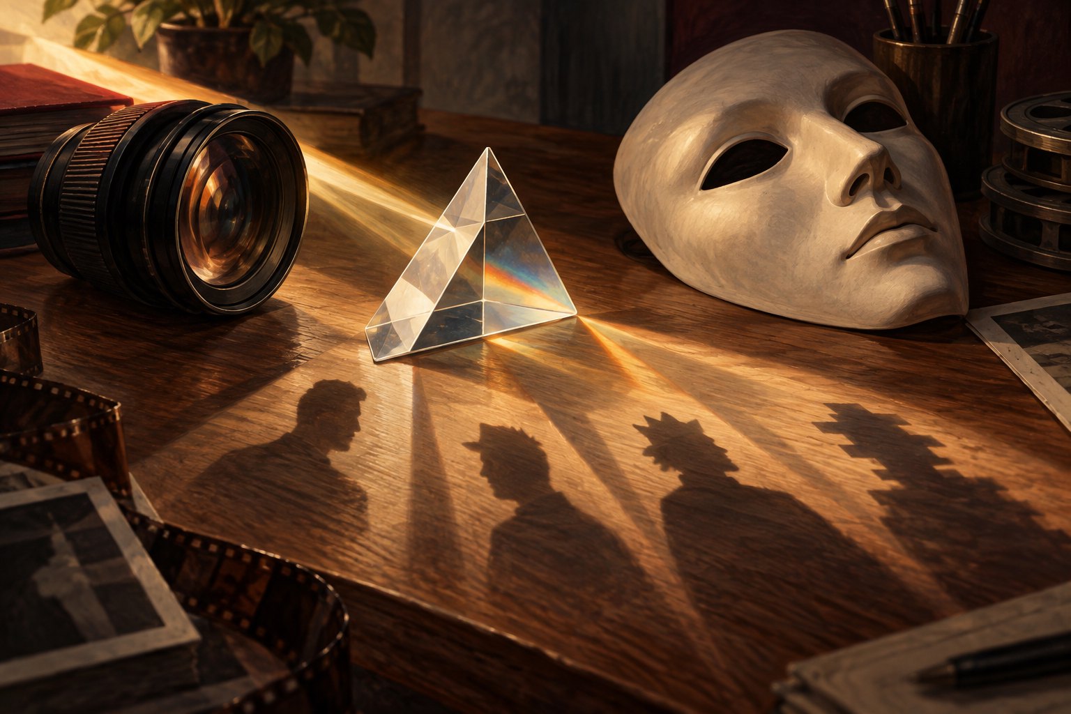 Conceptual illustration of a glass prism between a camera lens and a theatrical mask, casting distorted shadows across a wooden desk.