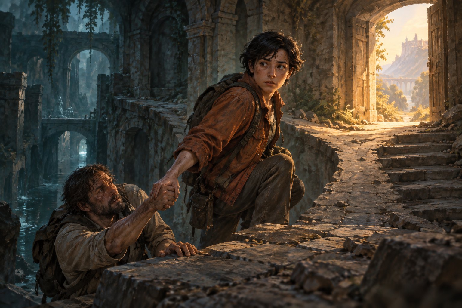 An illustrated explorer in an orange jacket helps a companion climb a stone ledge beside a sunlit doorway.