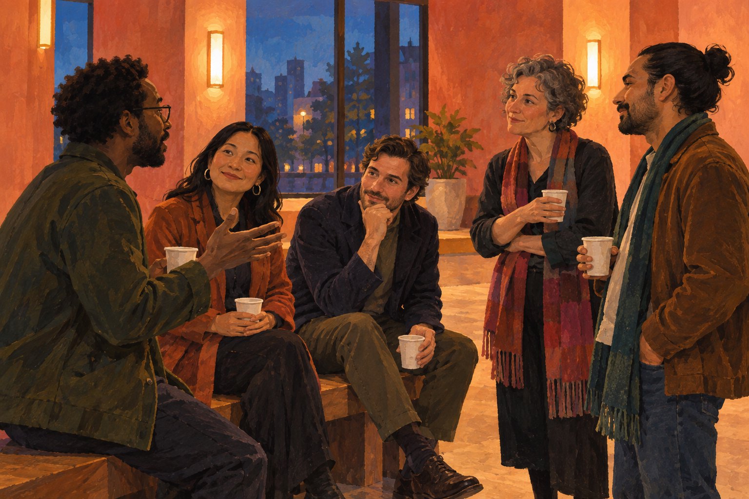 Conceptual illustration of five moviegoers sharing a thoughtful conversation in a warmly lit cinema lobby.