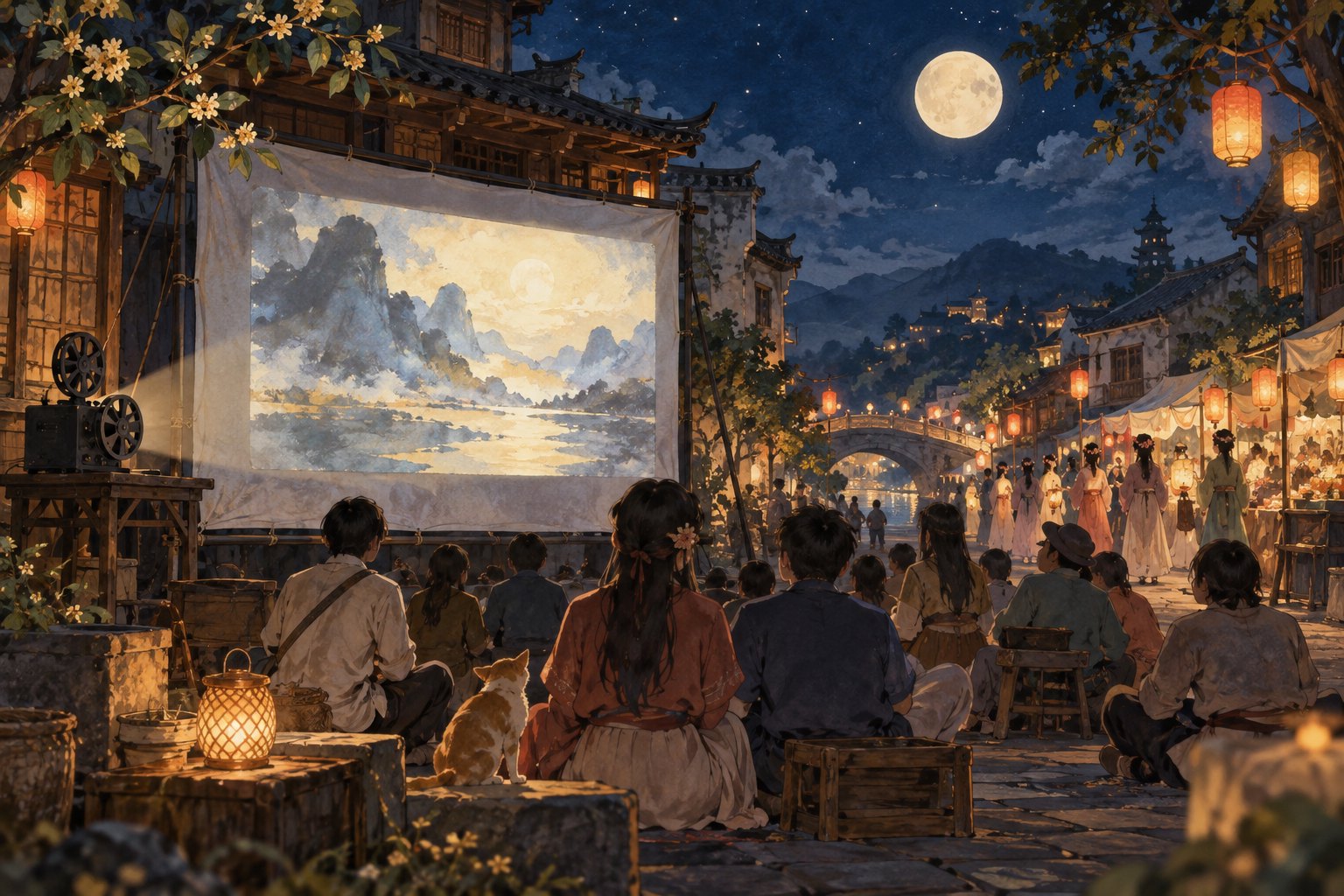 中秋月夜,青年在古街灯笼与市集旁围坐观看露天银幕的主题插画,非活动现场实景