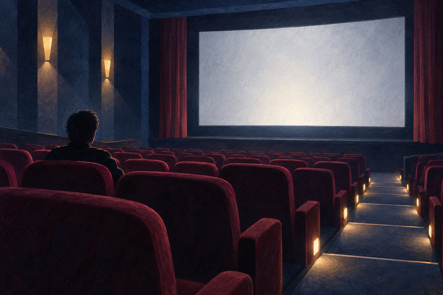 Conceptual illustration of a lone viewer sitting among burgundy theater seats facing a softly illuminated blank screen.