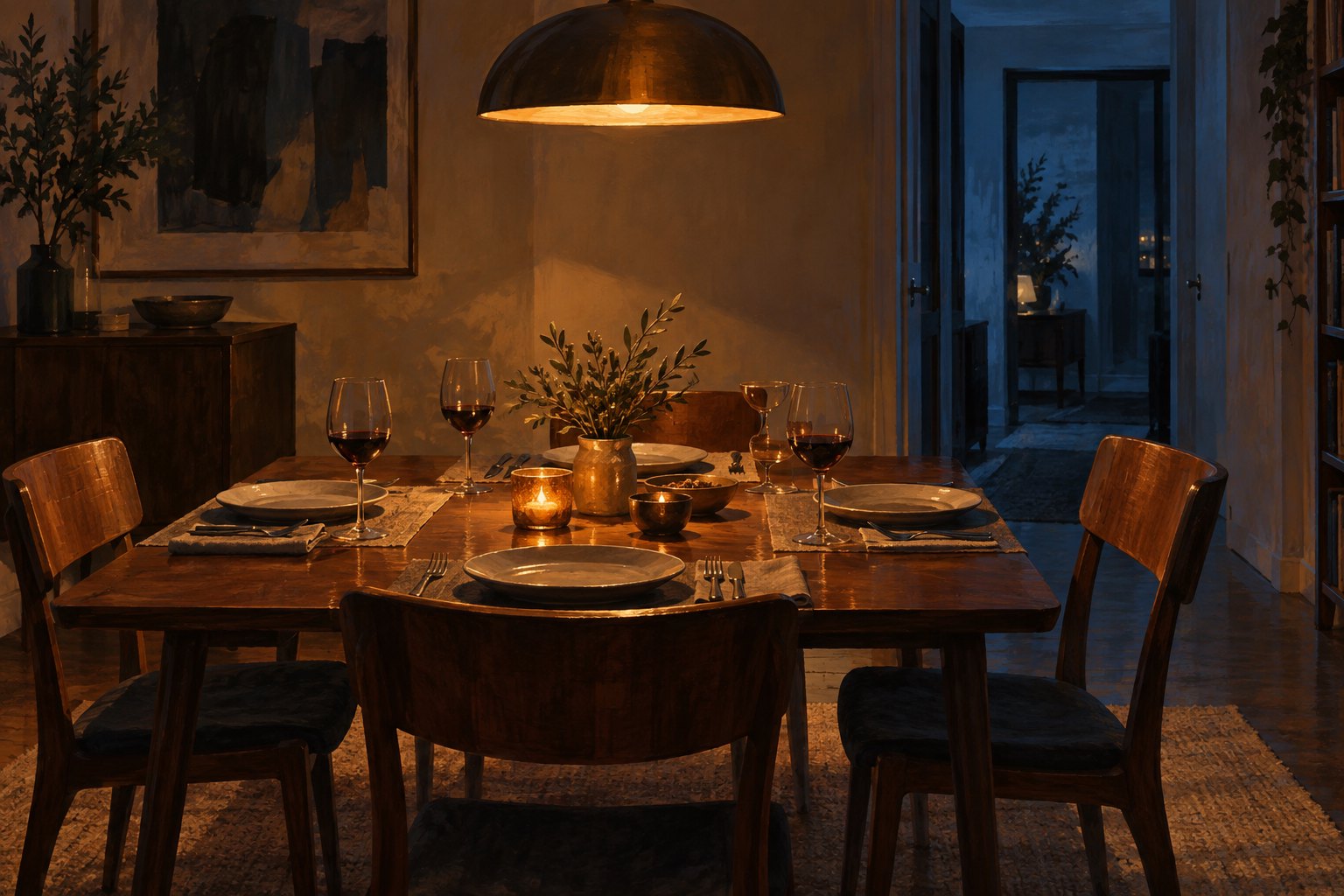 Conceptual illustration of a dinner table set for four beneath an amber pendant lamp, with a cool blue doorway beyond.