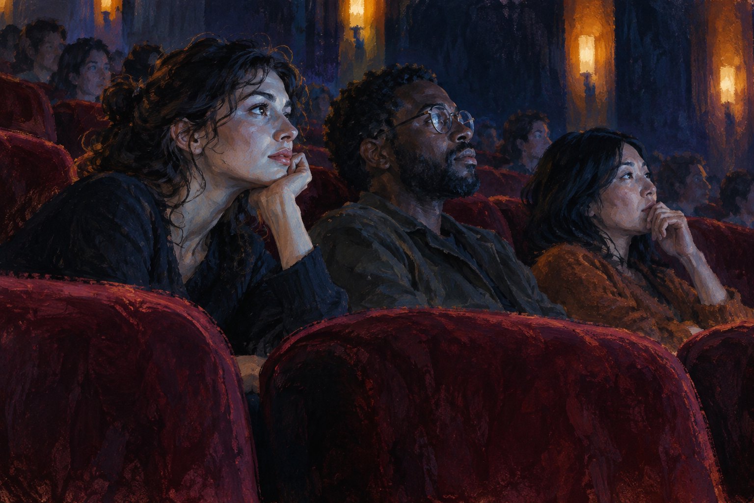 Painterly illustration of three attentive moviegoers illuminated by screen light in burgundy theater seats.