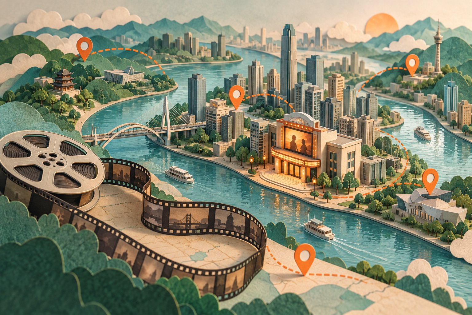 江流、城市建筑、电影院与胶片相连的纸艺风格概念插画,橙色标记象征电影出游点位