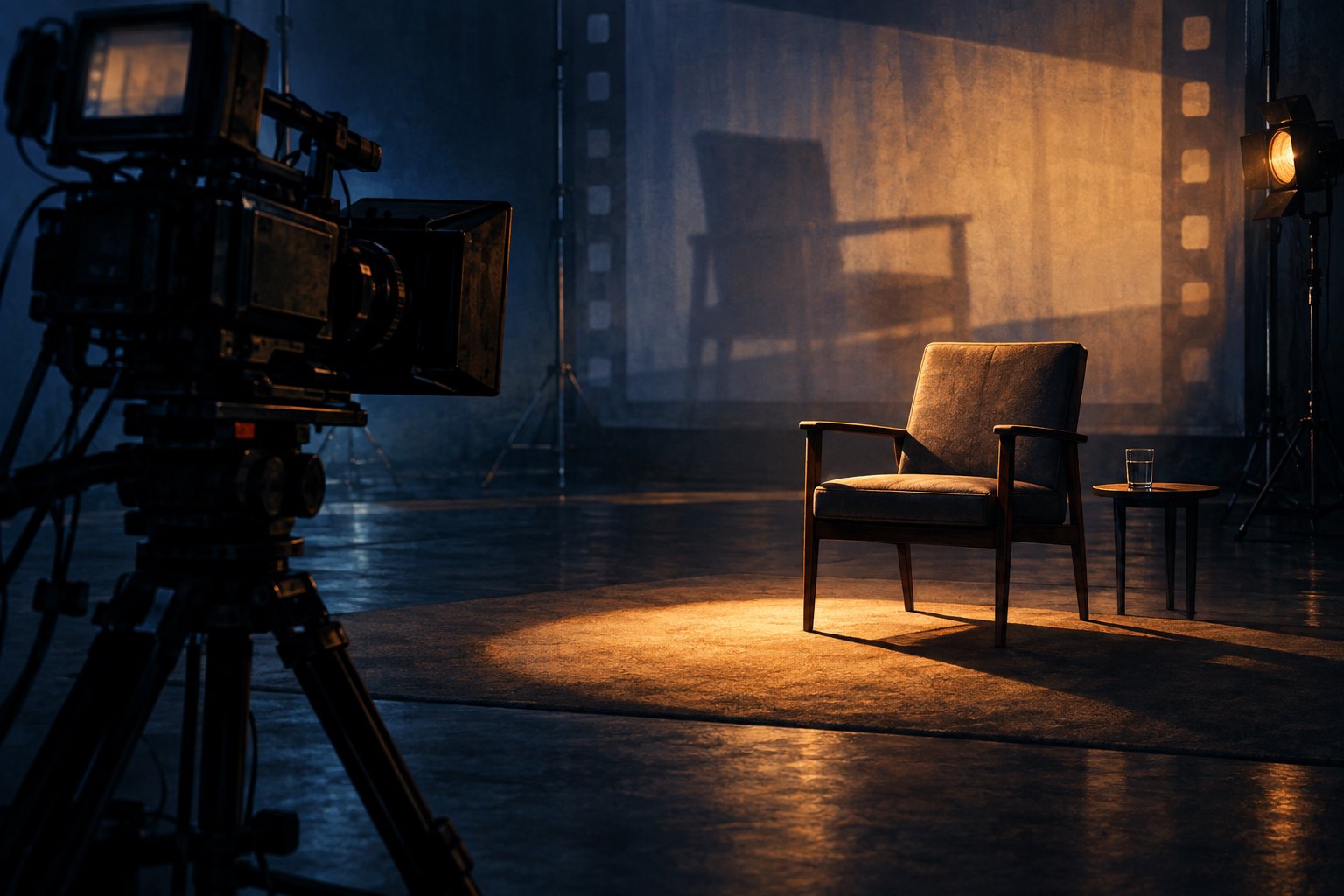 Conceptual illustration of a broadcast camera facing an empty interview chair under warm studio lighting.