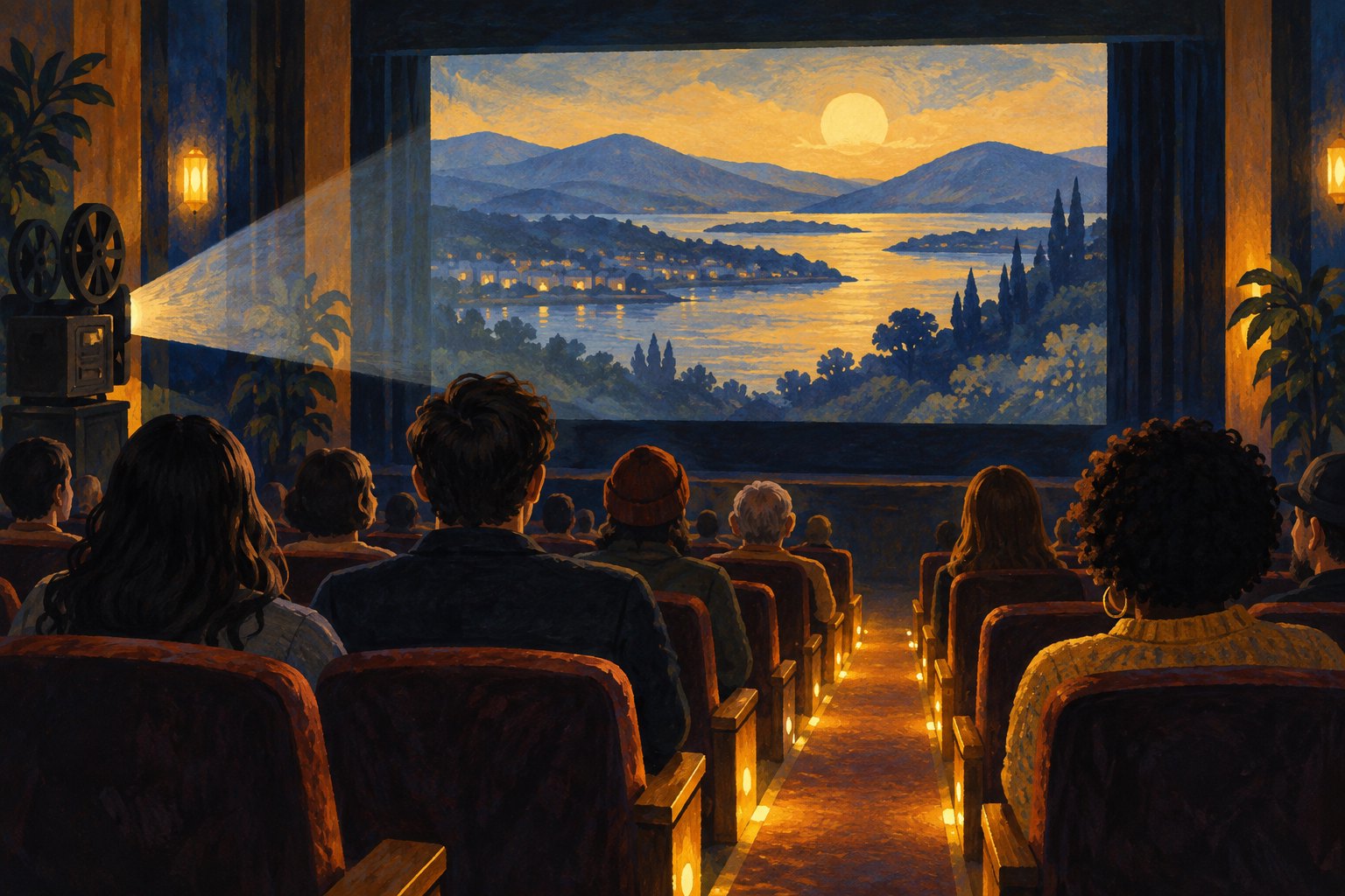 Conceptual illustration of a community cinema audience watching a landscape on a glowing screen.