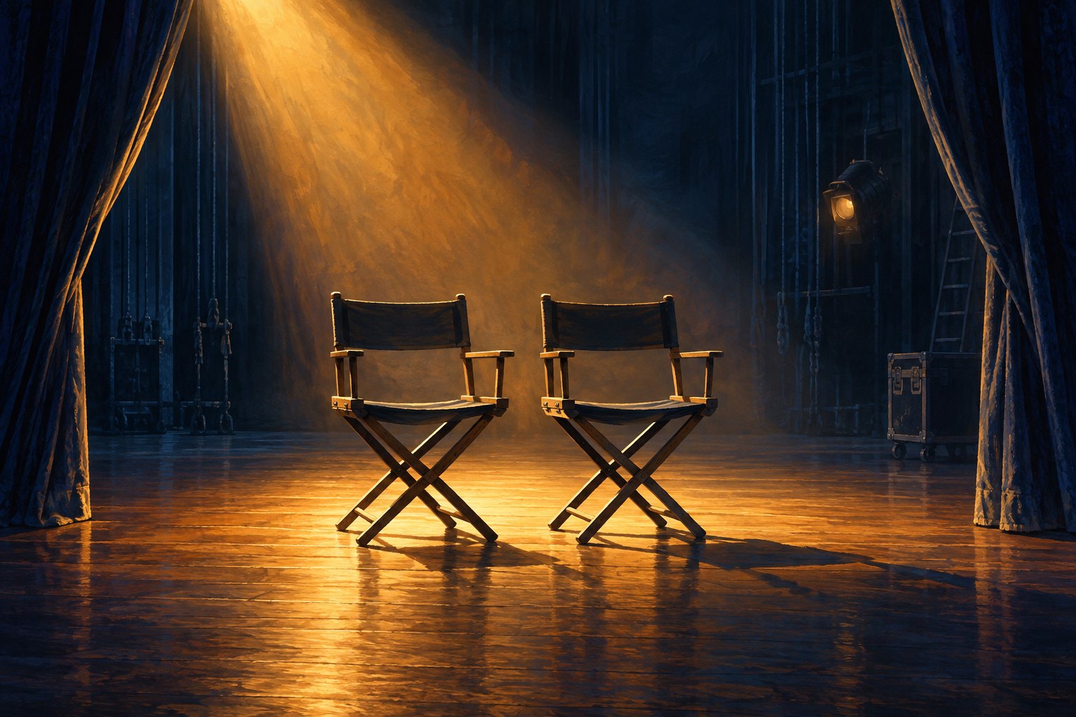 Conceptual illustration of two empty folding chairs under an amber spotlight on a dark theater stage.