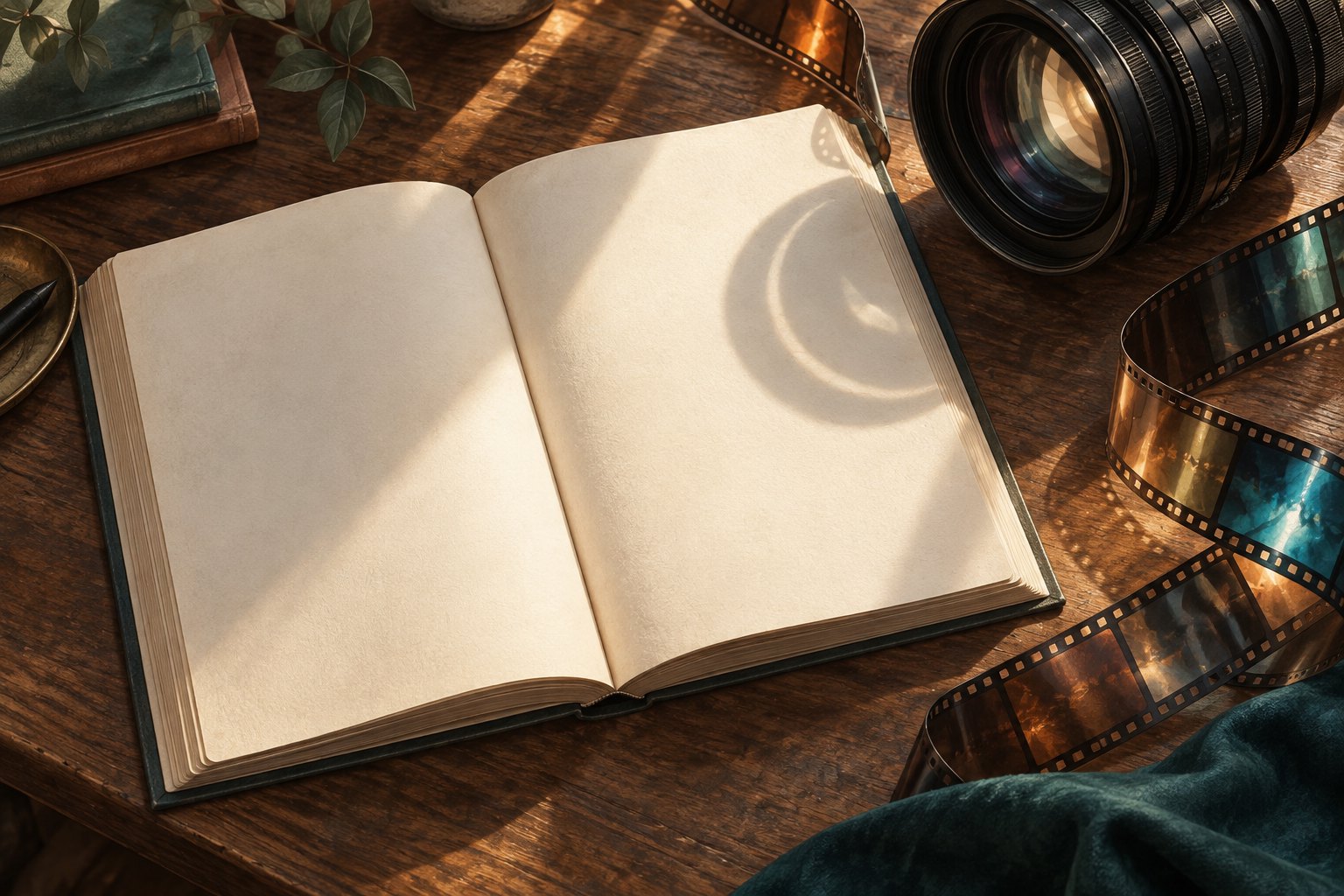 Conceptual illustration of an open blank book, a cinema lens, and curling film strips on a sunlit wooden desk.