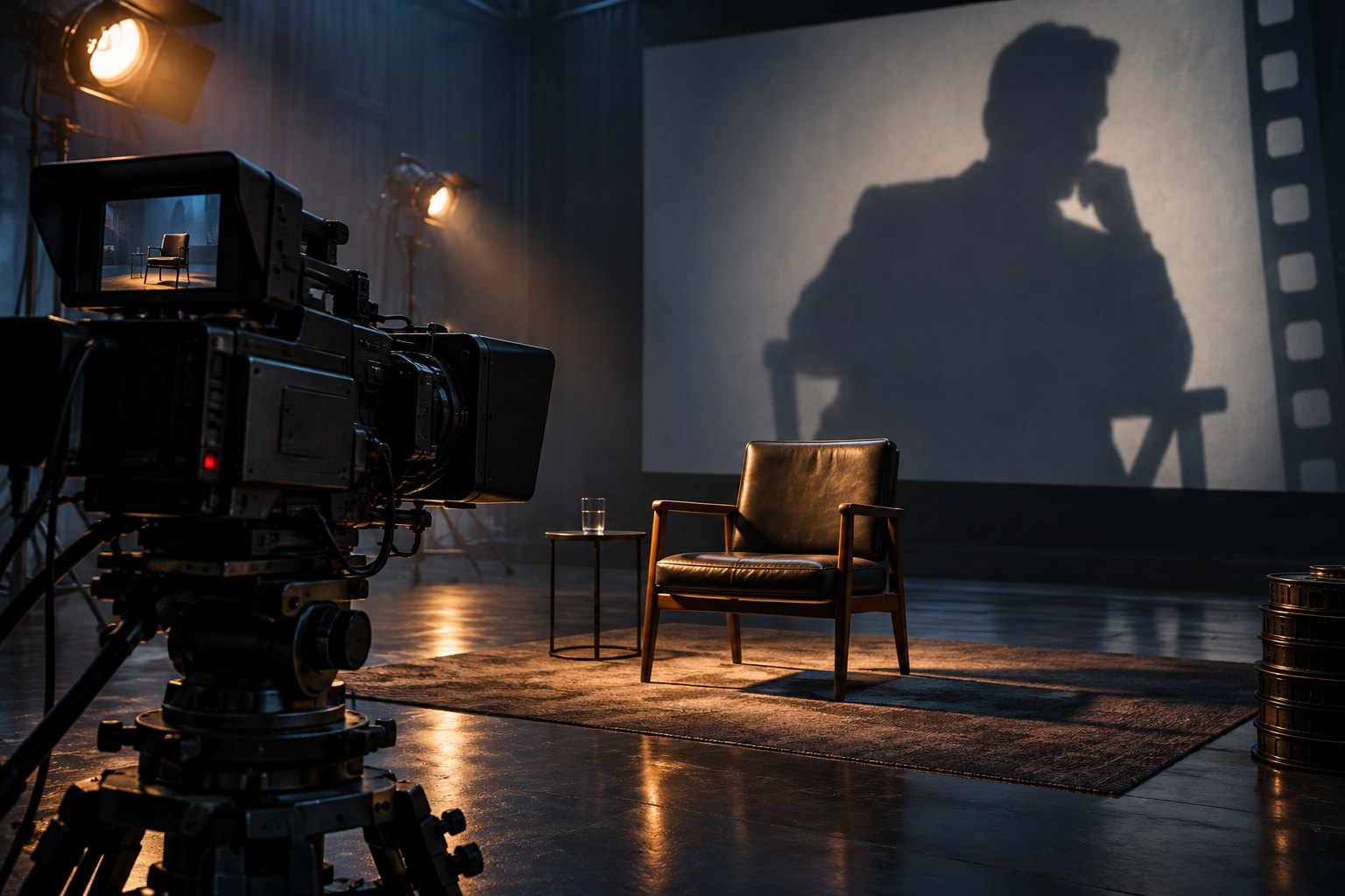 Conceptual illustration of a broadcast camera facing an empty interview chair beneath a large human shadow on a cinema screen.
