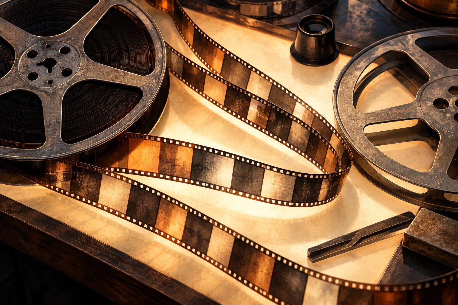 Conceptual illustration of loose film strips and metal reels spread across an illuminated editing table.