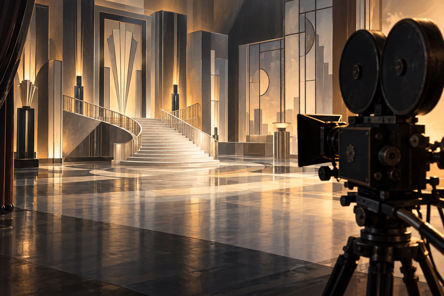 Conceptual illustration of a vintage movie camera facing an empty Art Deco soundstage with a sweeping staircase.