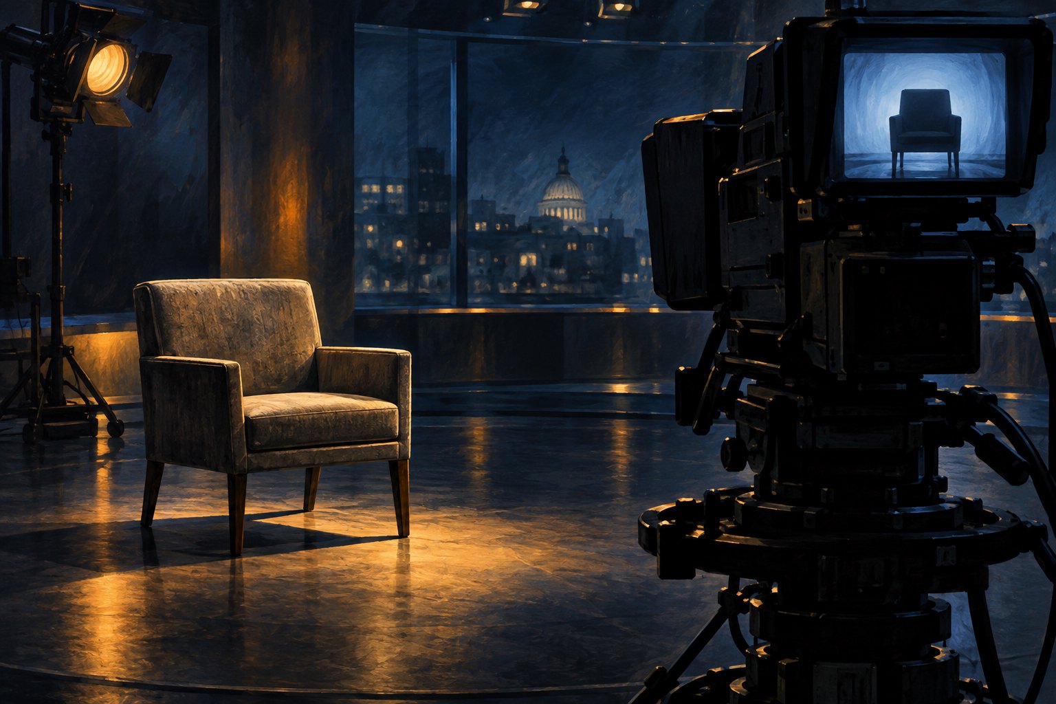Conceptual illustration of an empty interview chair facing a broadcast camera in a dim studio, with the chair visible on a monitor.