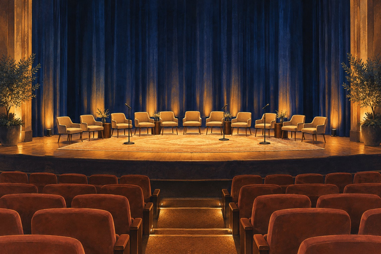 Conceptual illustration of an empty theater stage with chairs and microphones beneath warm lights and blue curtains.