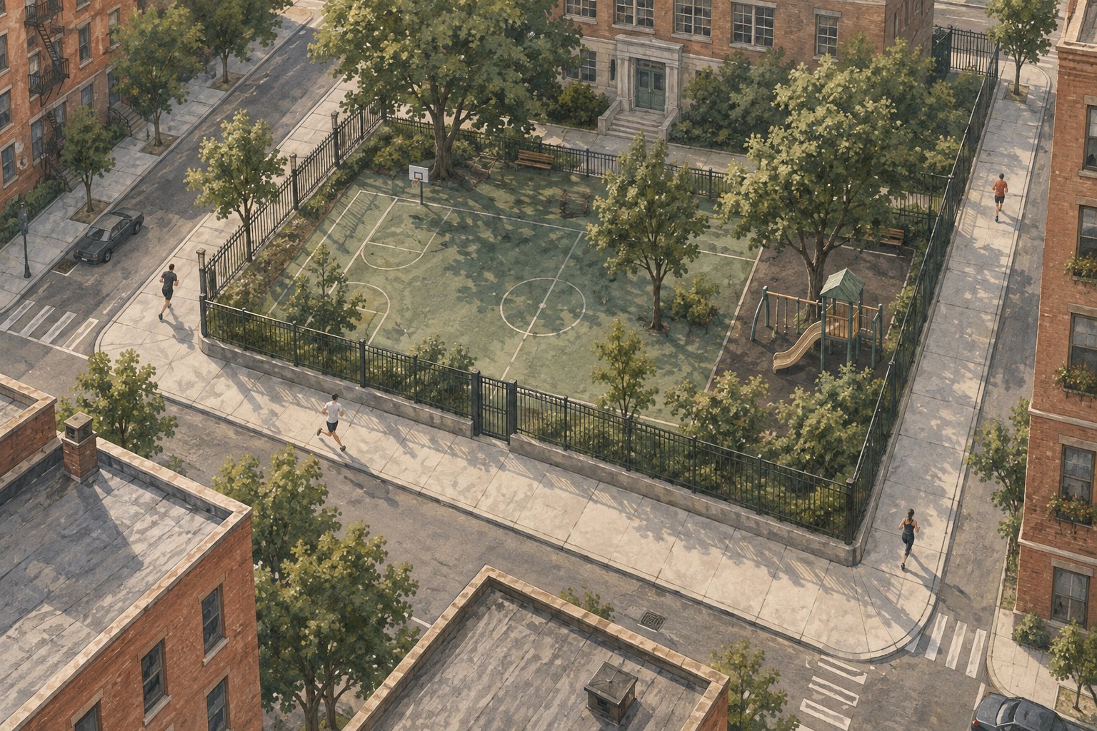 Conceptual illustration of scattered runners following a concrete sidewalk around a city block and green schoolyard.