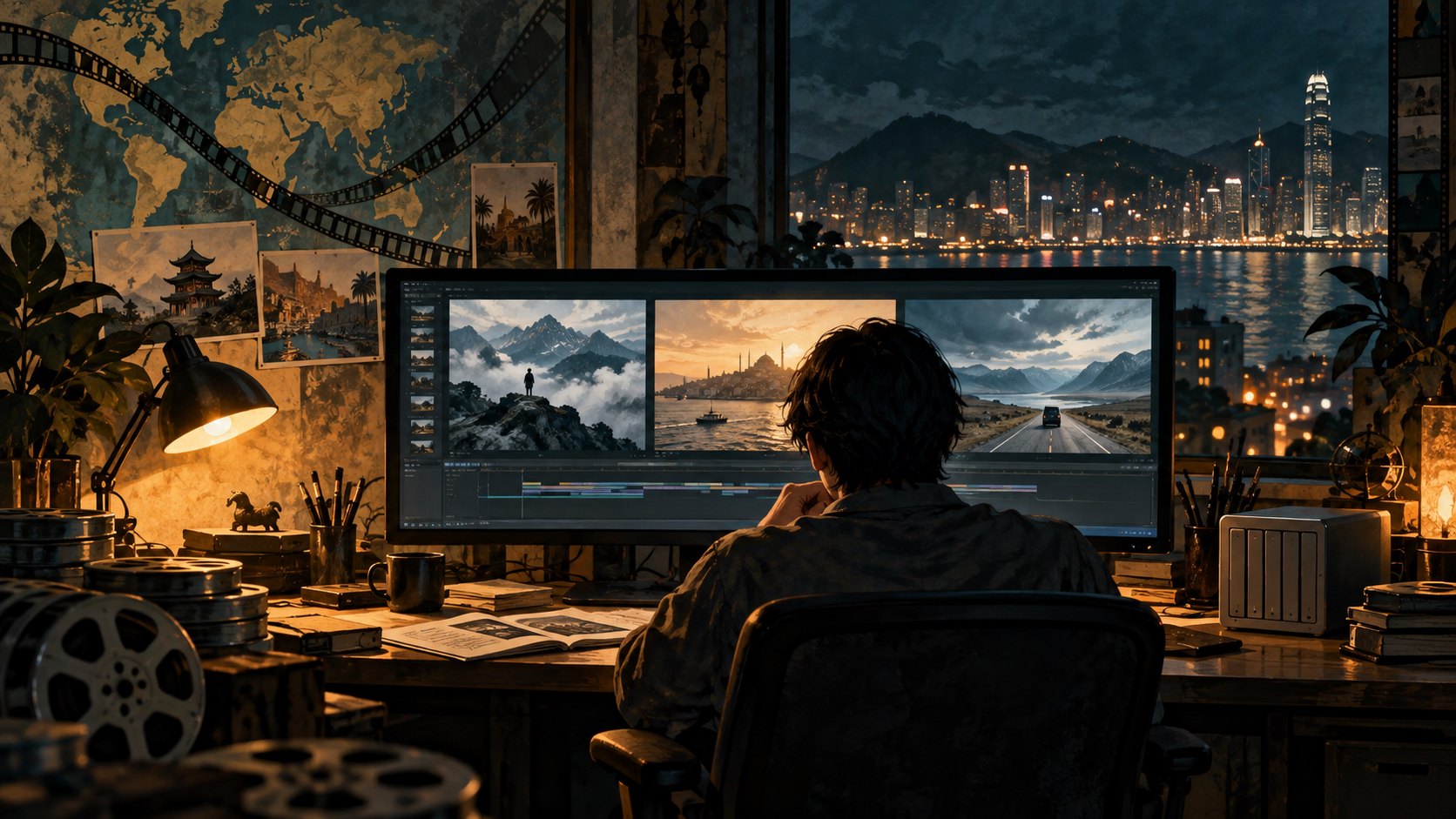 概念插畫:剪輯工作者在夜間工作室檢視不同場景,桌旁擺放儲存設備