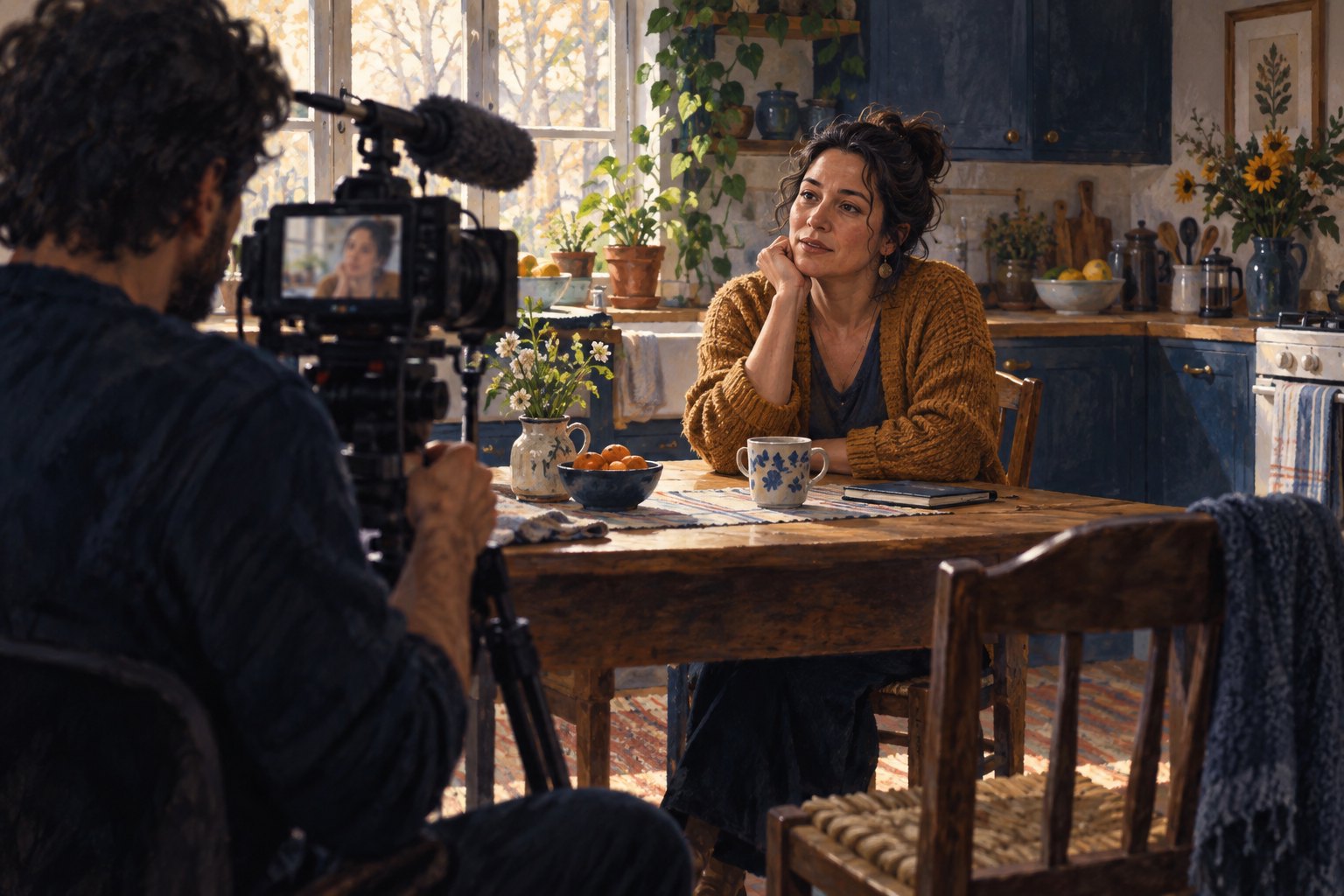 Conceptual illustration of a camera operator filming a thoughtful woman at a kitchen table in soft window light.