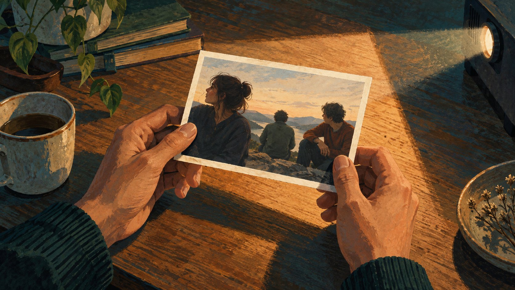 雙手拿著三人合照，投影光線照過木桌的概念插畫，非電影劇照
