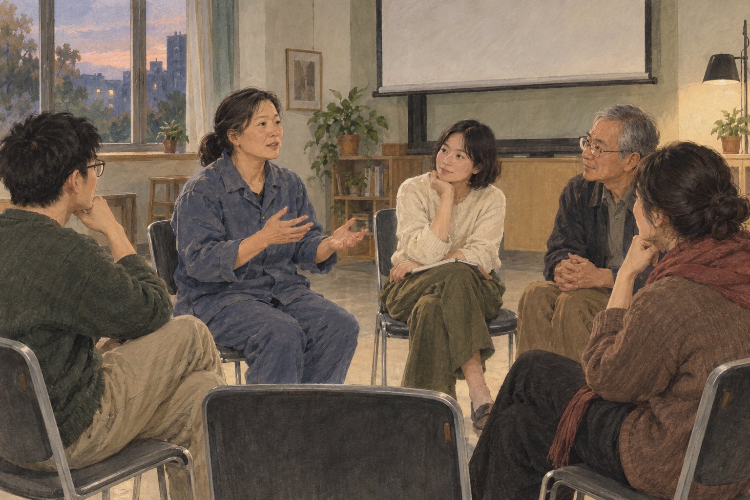 概念插画：五位成年观众在小型放映室围坐交流，一位穿工作服的女性正在发言