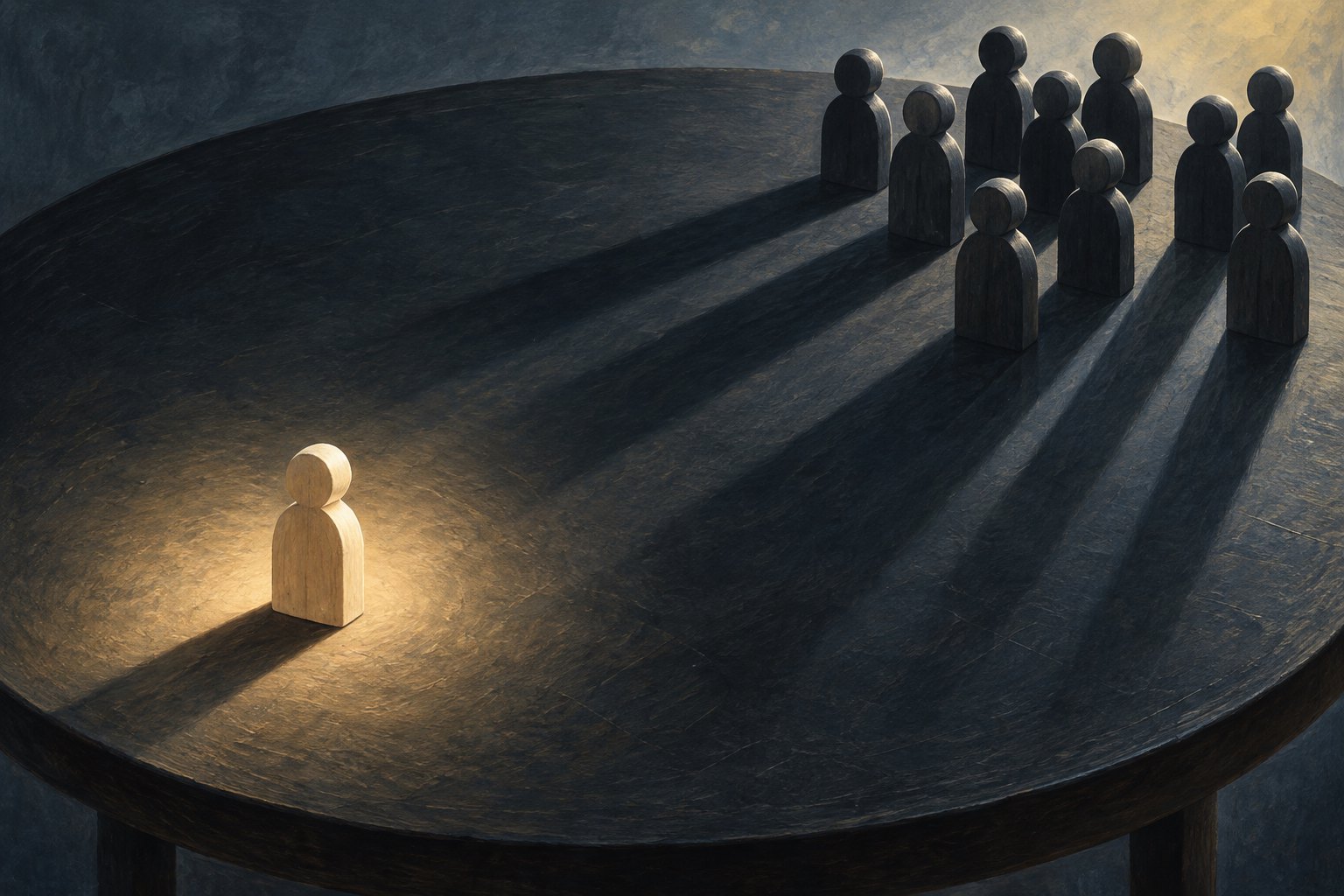 Conceptual illustration of a lone ivory wooden figure separated from a cluster of dark wooden figures on a circular table.