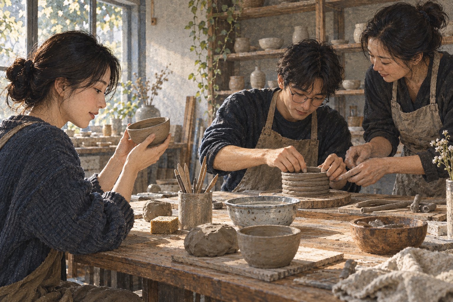 两位参与者在陶艺工作室观察陶碗、跟随老师制作泥条器皿的体验场景示意