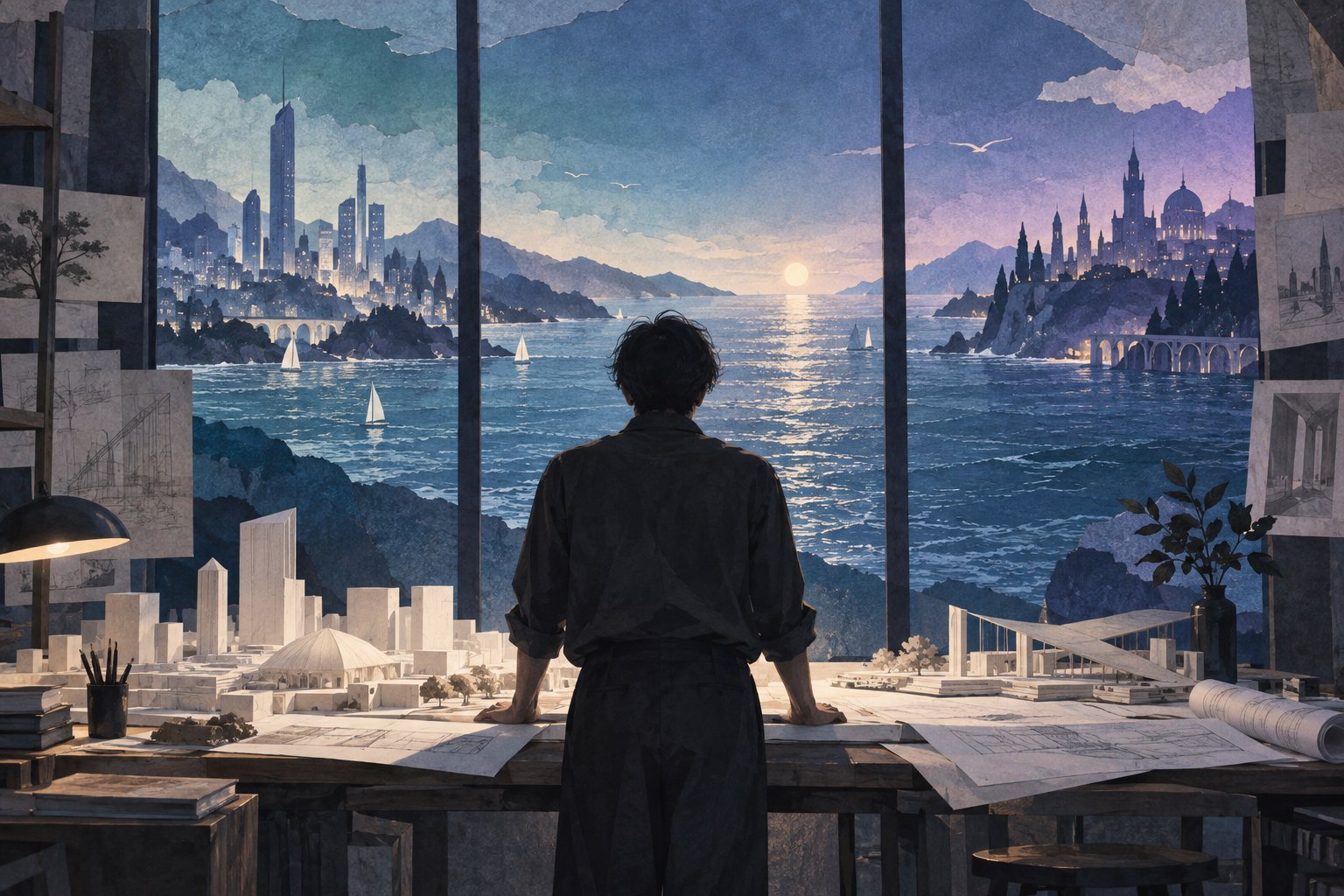 概念插画：建筑师背对观者站在模型桌前，窗外海面连接青蓝紫色的两岸城市