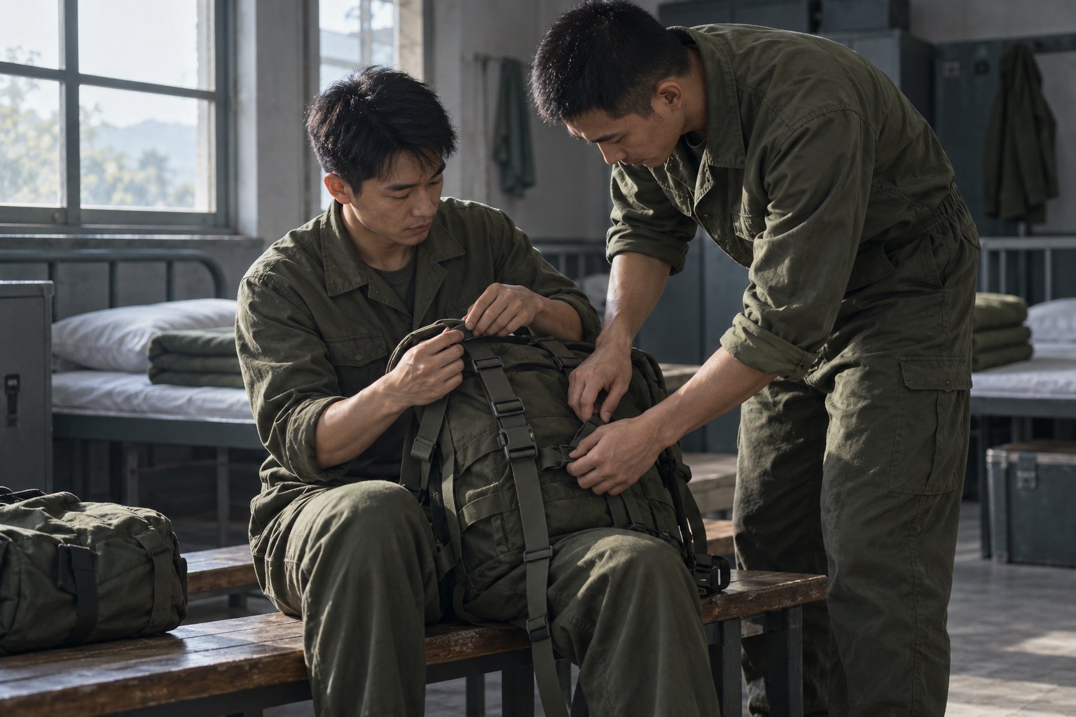 人物协作主题情境插画：两位身穿橄榄绿训练服的演员在营房布景内共同整理背包扣带