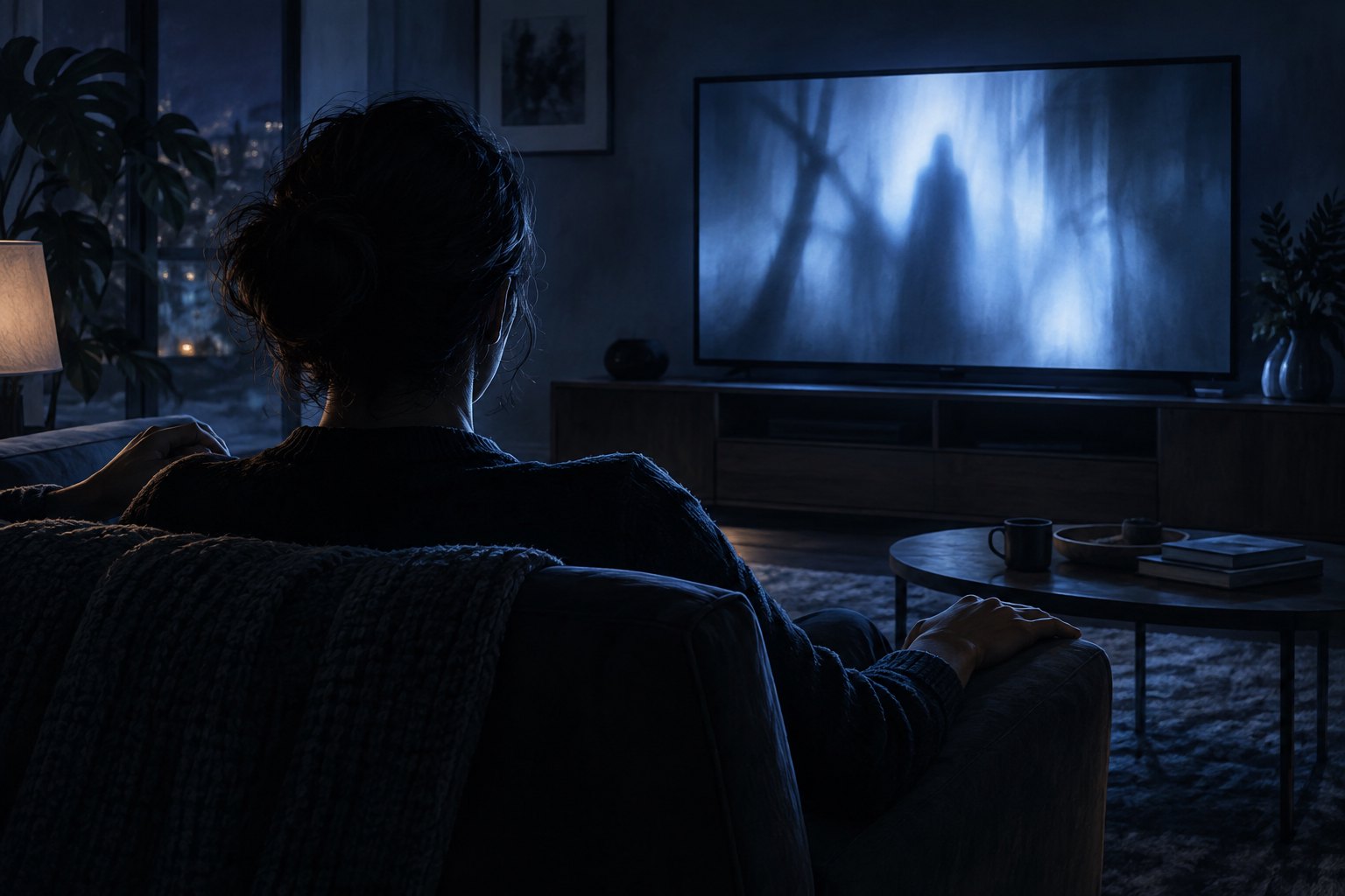 Conceptual illustration of a viewer watching indistinct blue shadows on a television at night, not a scene from Sundown.