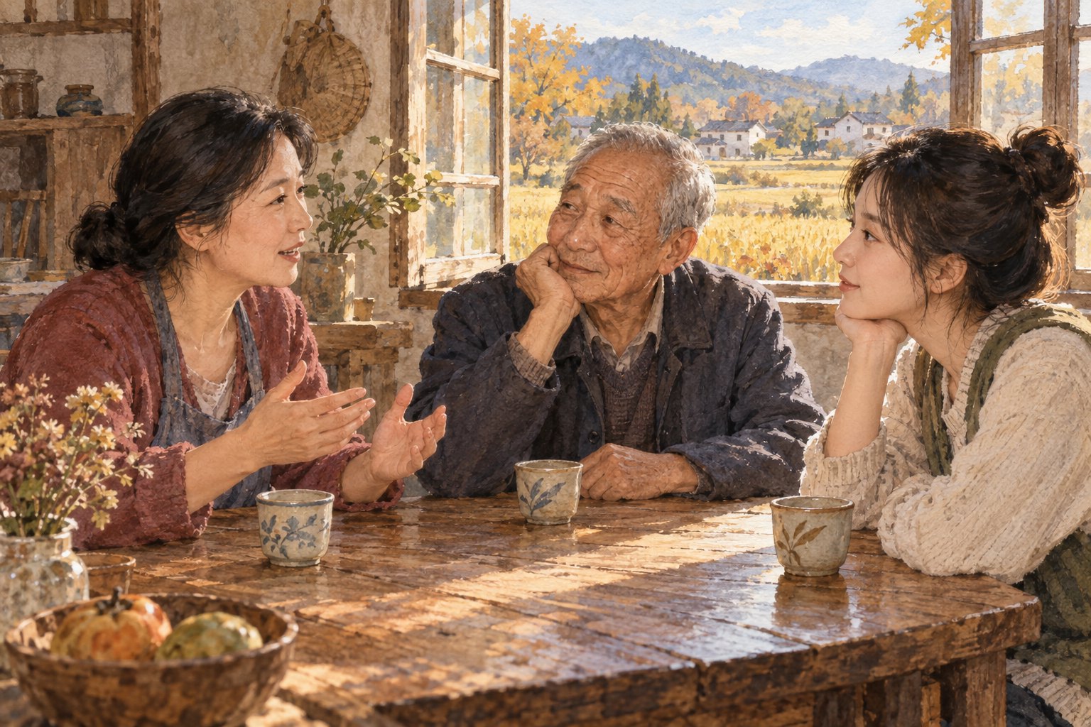 三位不同年龄的观众在乡村家中围桌交流观影感受的水彩概念插画