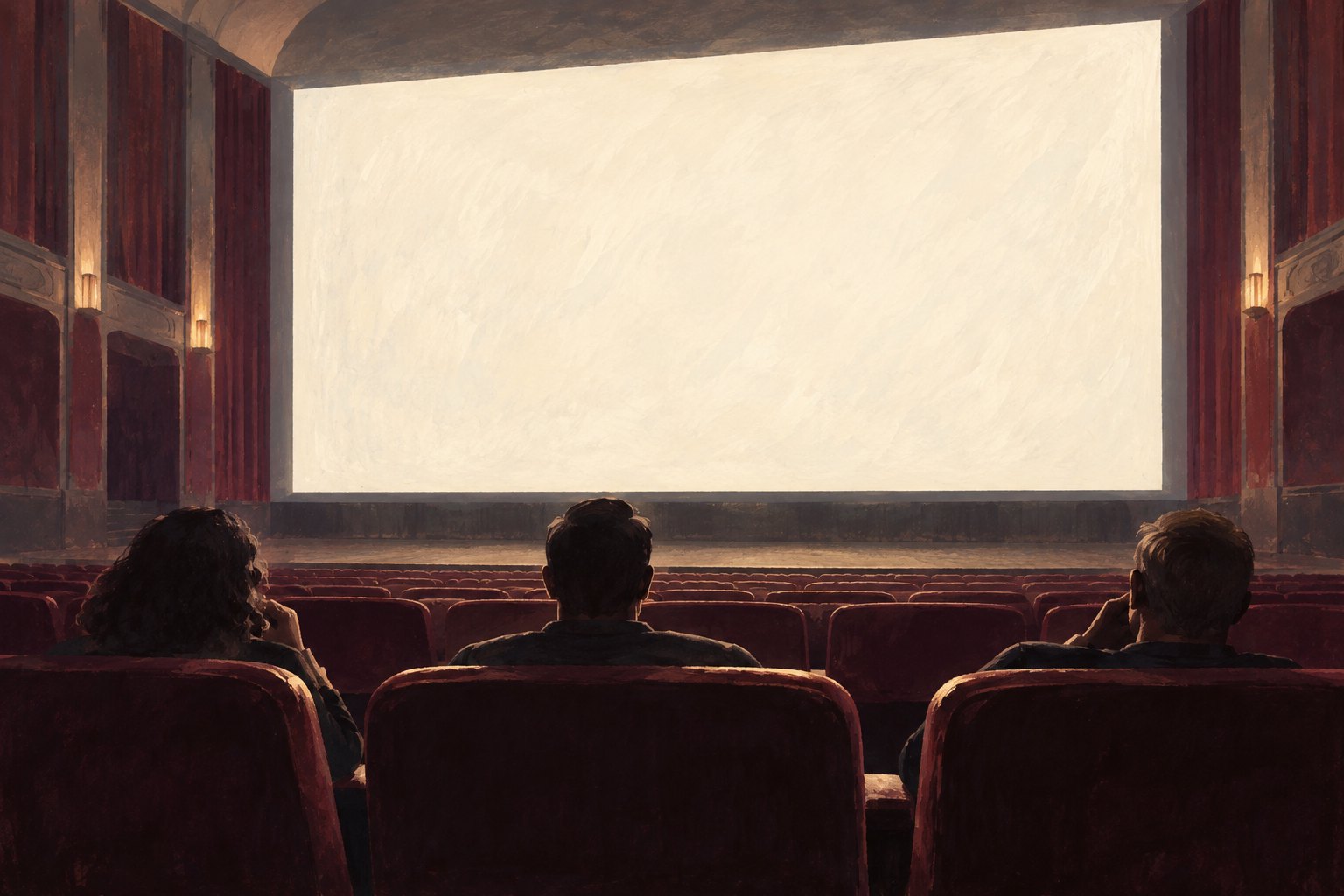 Conceptual illustration of three viewers facing a blank illuminated screen in a spacious cinema.