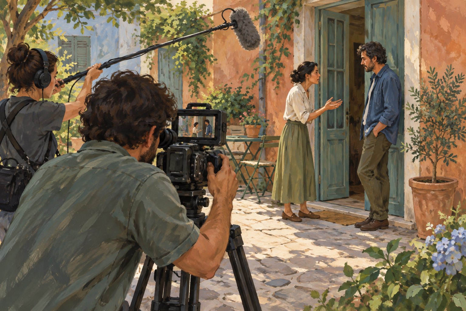 Conceptual illustration of a small film crew recording two performers in a neighborhood courtyard.