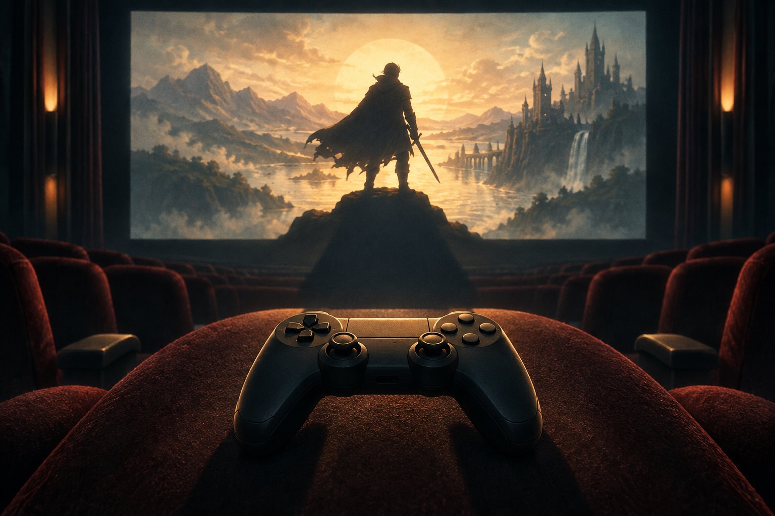 An illustrated game controller rests on a red theater seat beneath a cinema screen showing a lone fantasy adventurer.