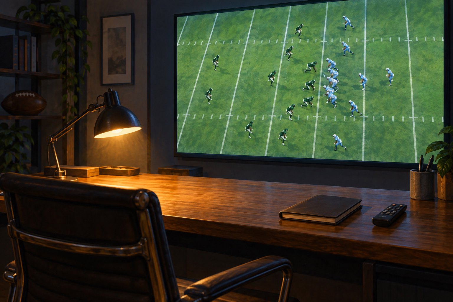 Conceptual illustration of a quiet film study room with a football formation on a large screen.