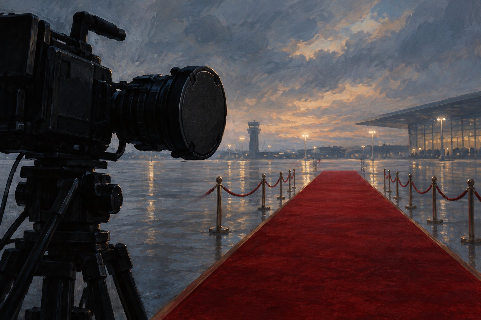 Conceptual illustration of a capped broadcast camera overlooking an empty ceremonial red carpet.