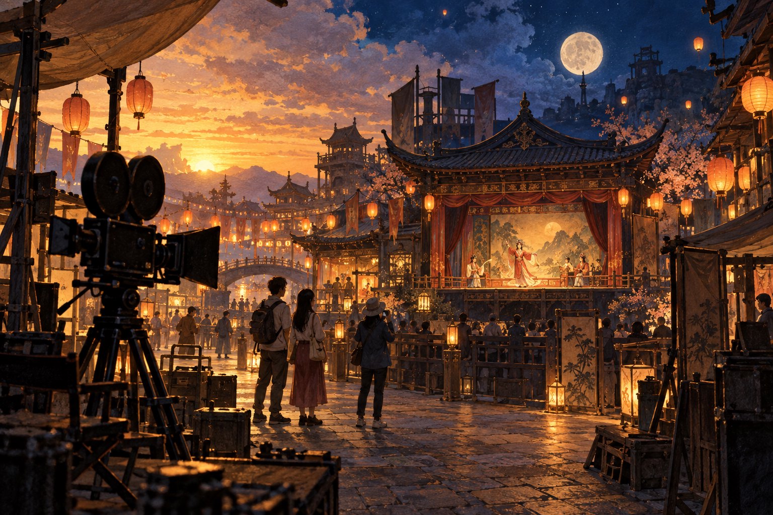 电影主题游园概念插画:游客在暮色与圆月下观看古风戏台,前景可见摄影机