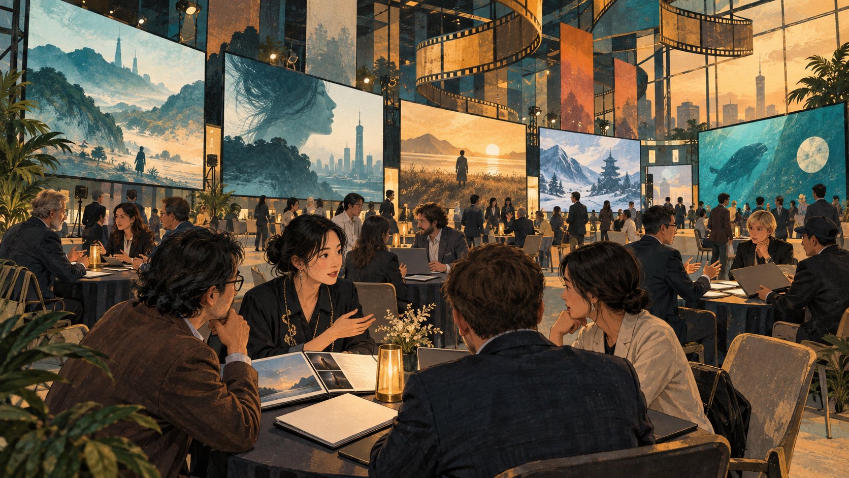 影視業者在展示多幅影像的國際交流空間洽談，為原創概念插畫，非活動實景