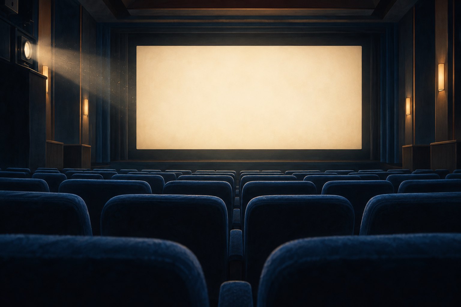 Conceptual illustration of an empty cinema with blue seats, a blank illuminated screen, and a warm projector beam.