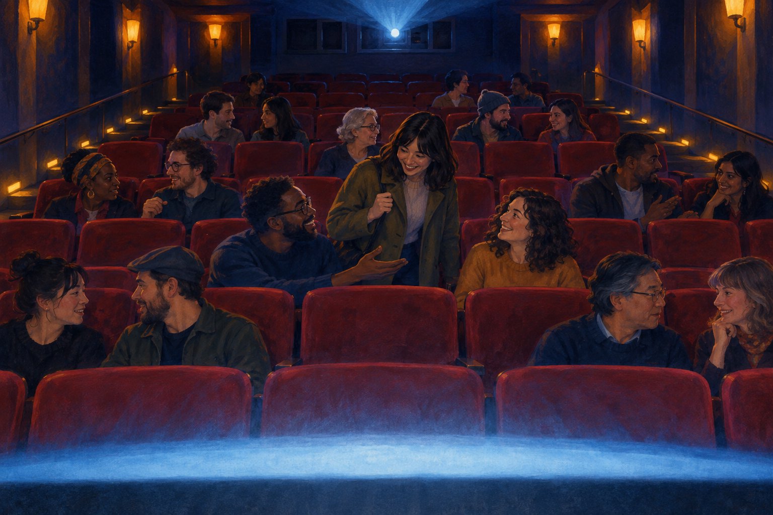 Conceptual illustration of moviegoers greeting one another among red theater seats before a screening.