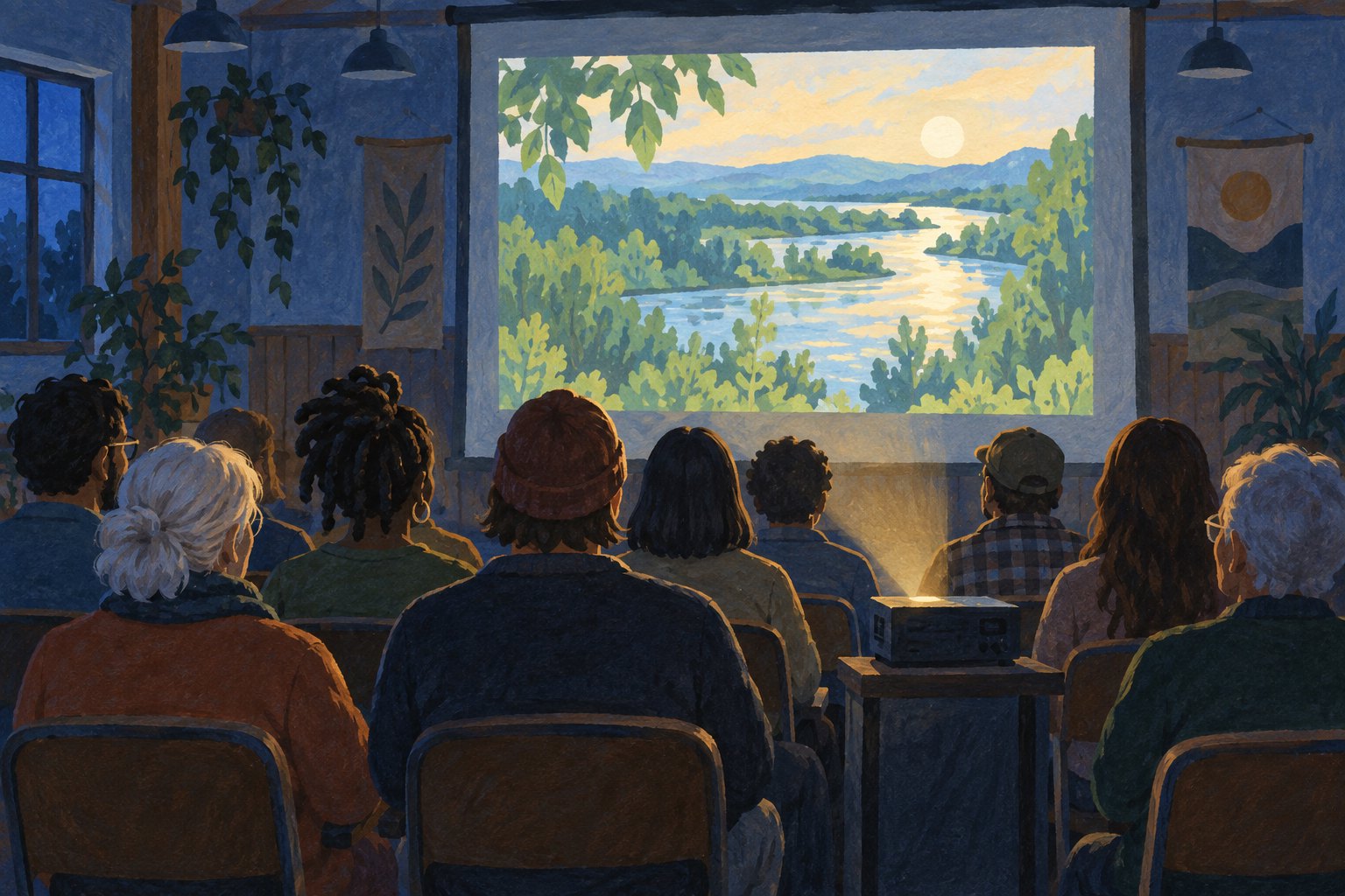 Editorial illustration of an audience watching a projected river landscape in a community hall.