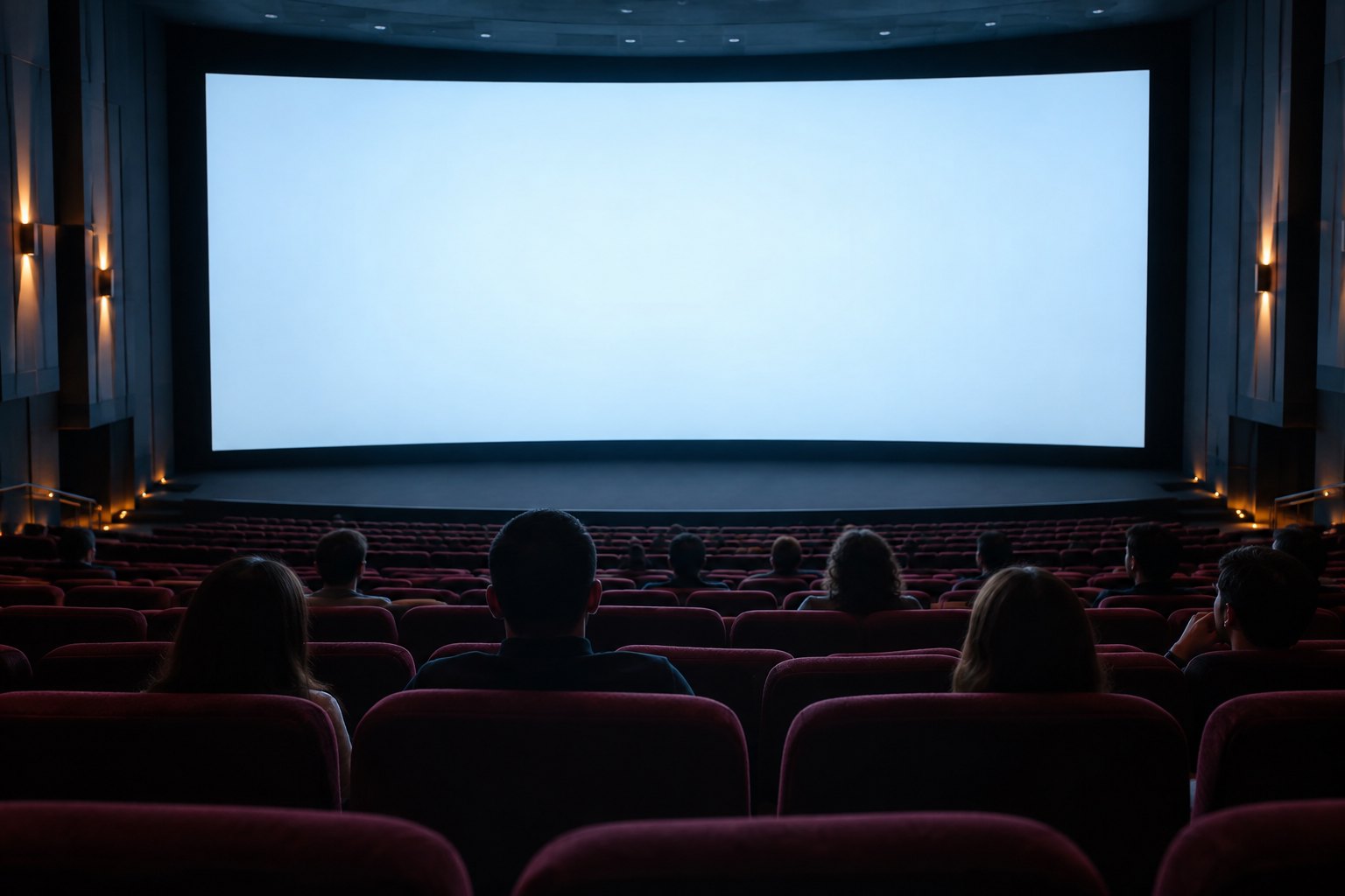 Audience members sit among rows of burgundy seats facing a luminous screen in a dark movie theater.
