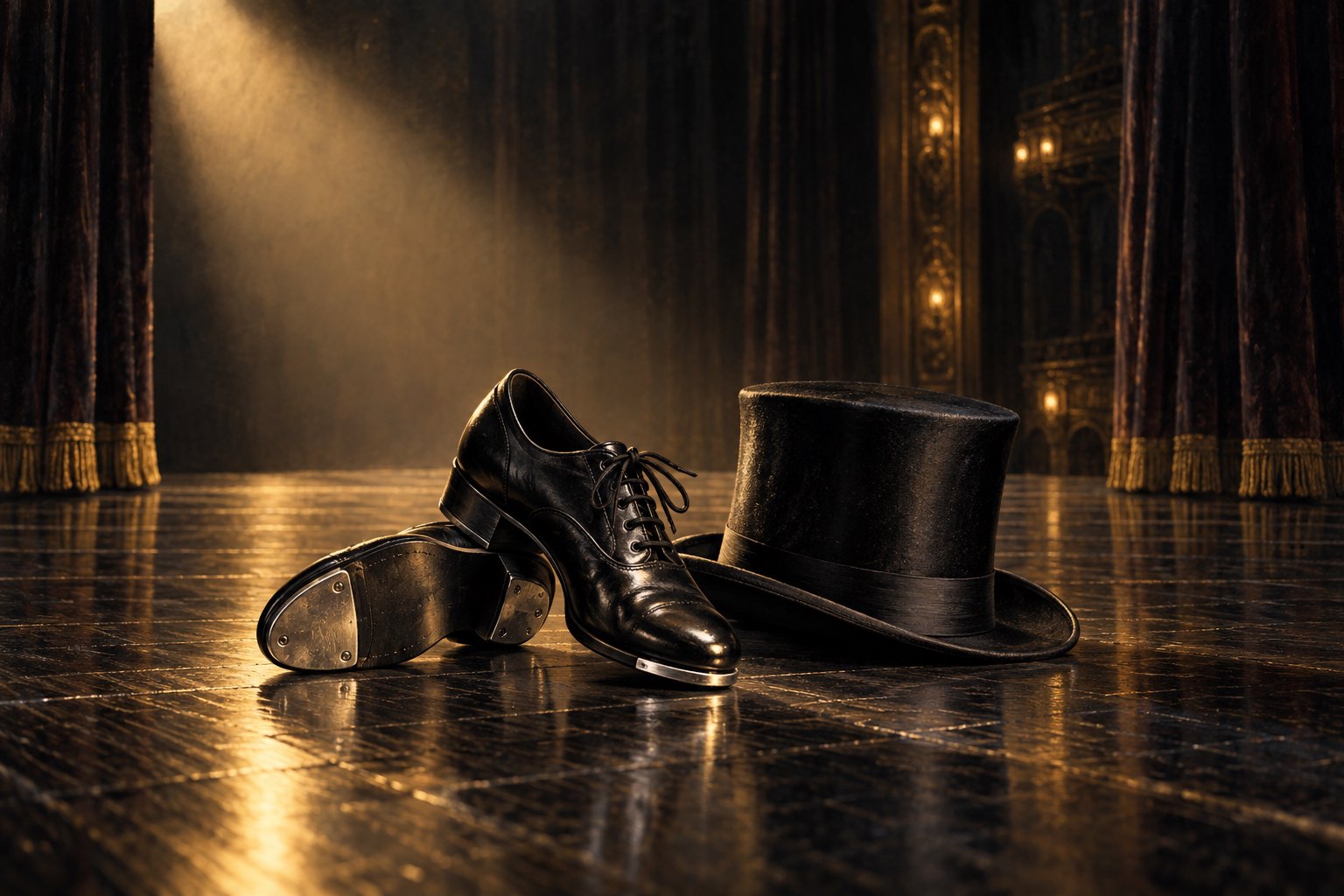 Conceptual illustration of black tap shoes and a top hat on an empty theater stage under an amber spotlight.