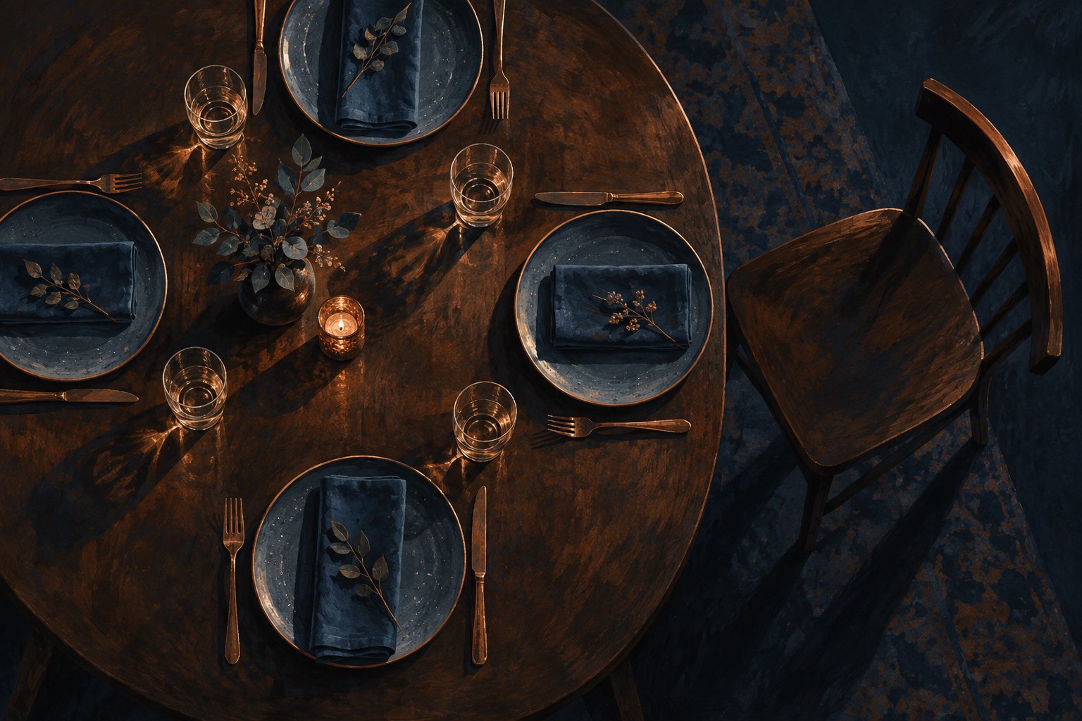 Overhead conceptual illustration of four dinner settings, blue napkins, and intersecting glass shadows beside a pulled-back chair.