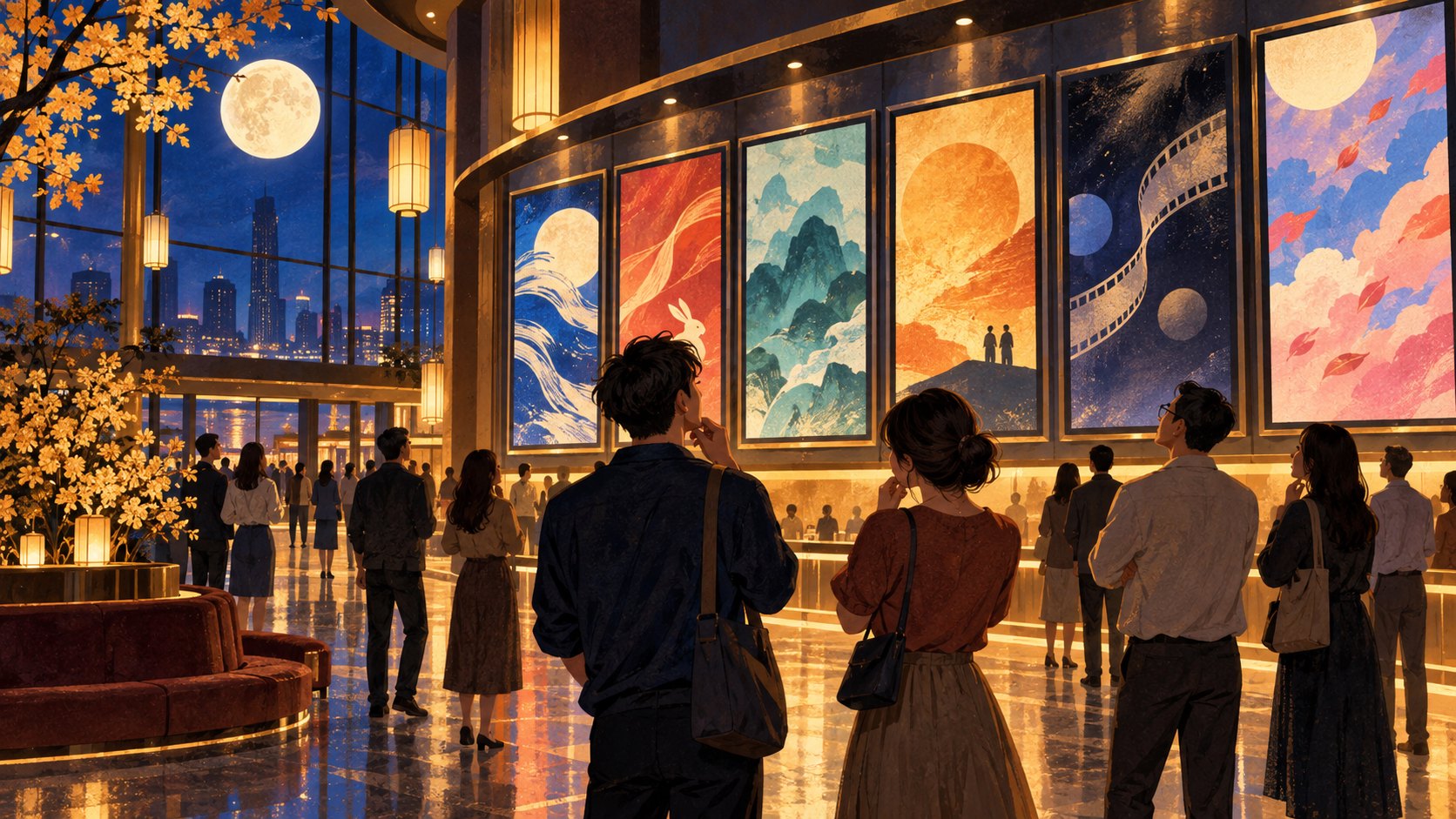 原創概念插畫:月色映照電影院大廳,觀眾駐足觀看多幅無字電影海報