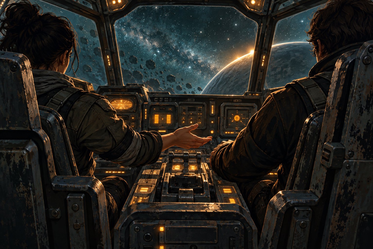Conceptual illustration of two travelers in a weathered spaceship cockpit, with one extending an open hand toward the other.