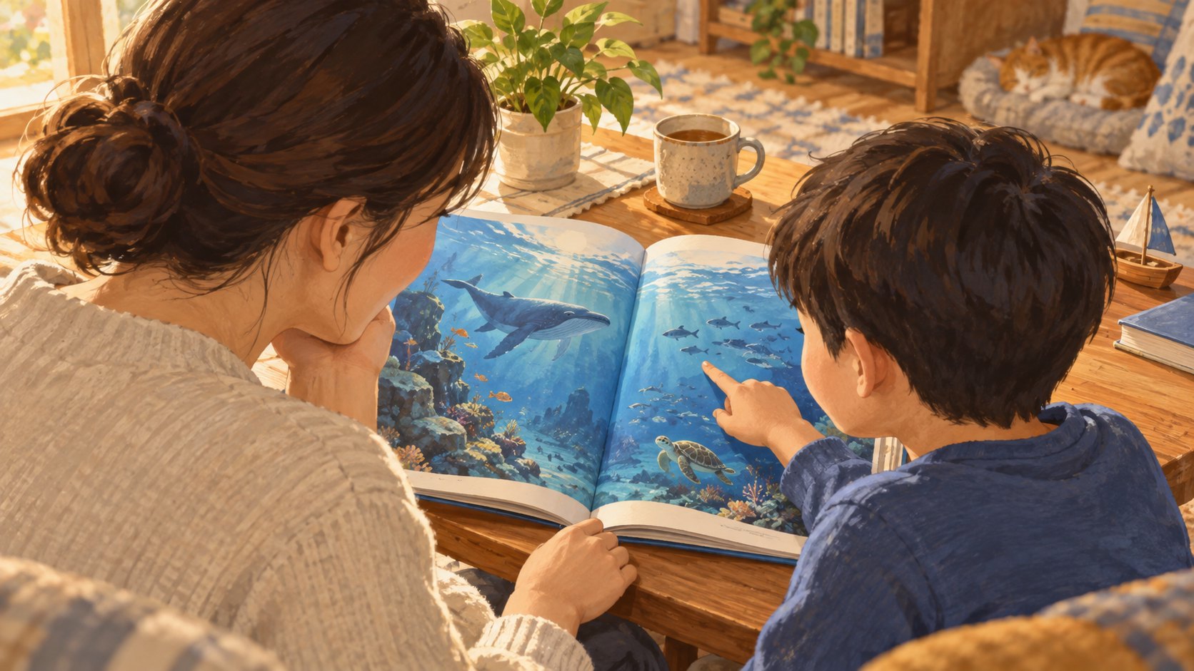 大人陪孩子翻閱海洋圖畫書，孩子指著跨頁畫面分享發現的共讀概念插畫，非實際內頁