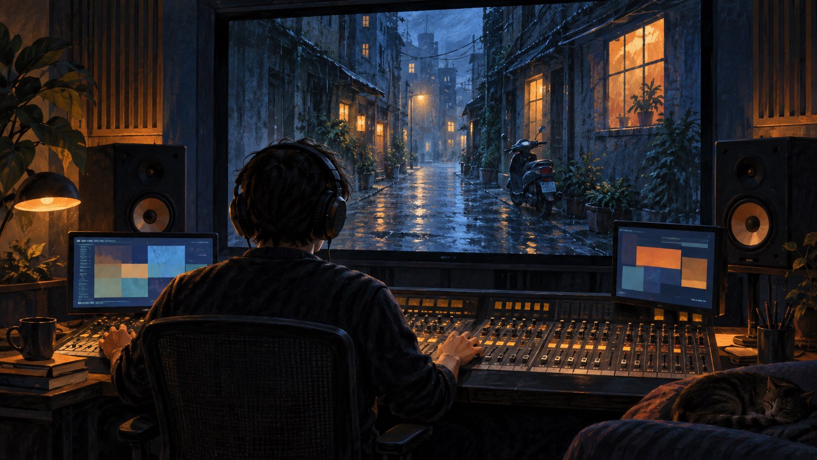 聲音工作者在混音室處理雨夜巷弄影像的聲音,呈現電影幕後製作的原創概念插畫