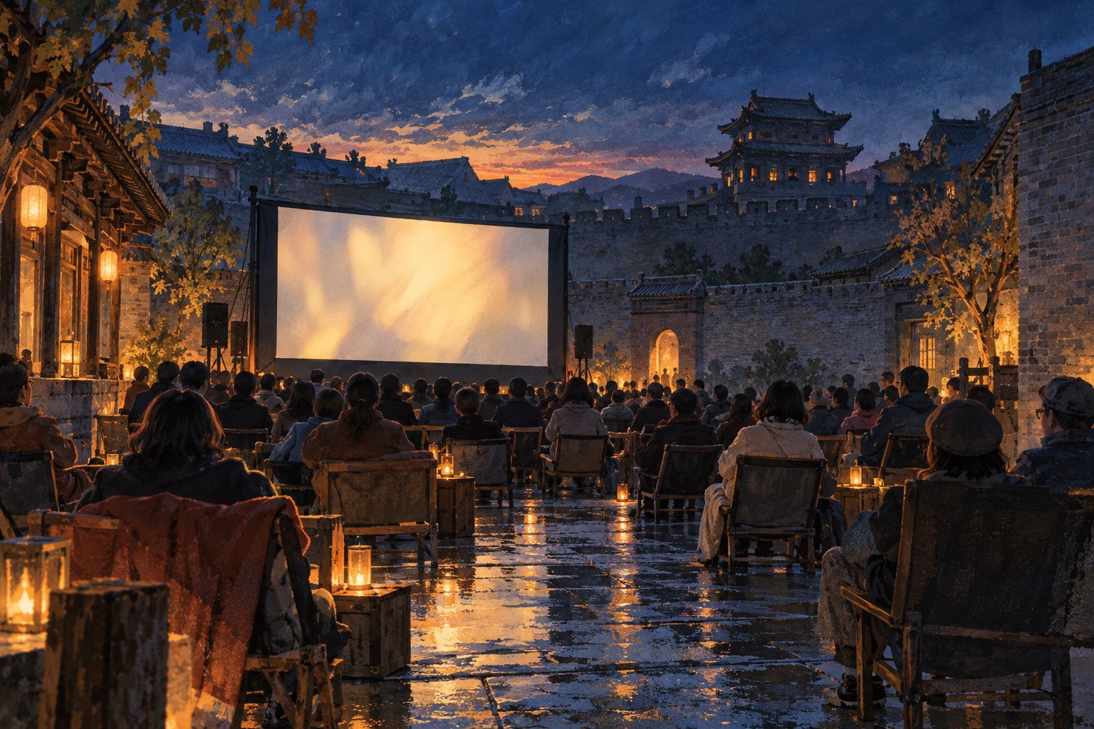 古城院落中观众面向露天银幕，暮色与灯光映在雨后地面上的概念插画