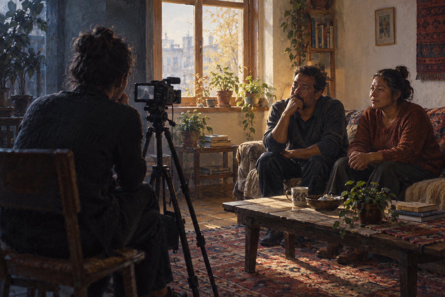 Conceptual illustration of a documentary filmmaker recording two adults in a modest, sunlit living room.